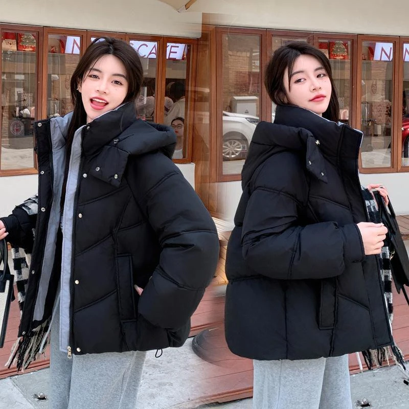 199冬季棉衣连帽女文艺纯色小个子盘扣保暖面包服棉服