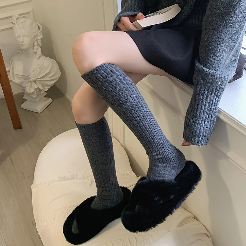 秋冬天加厚保暖羊毛小腿袜女高筒日系简约百搭加绒防寒纯色长筒袜