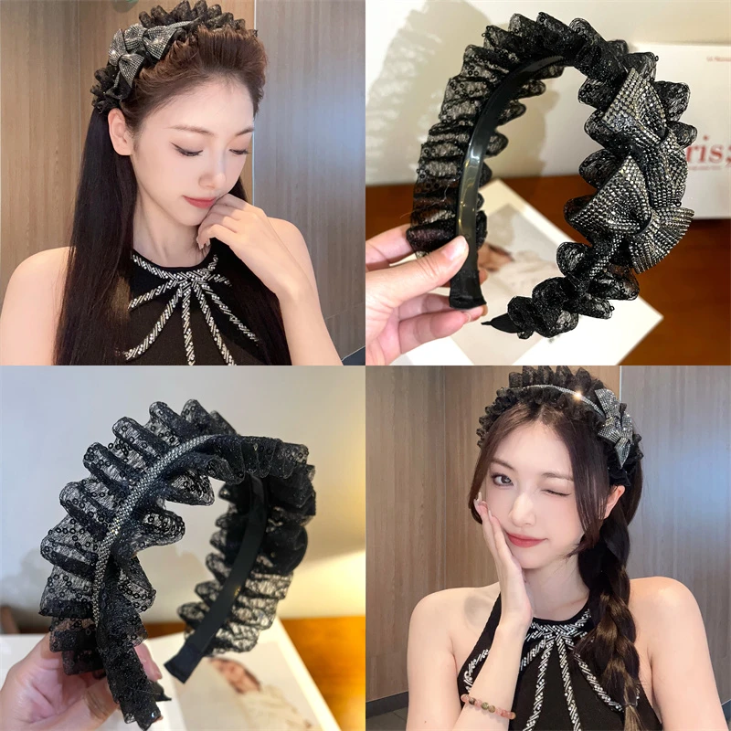 法式透纱水钻蝴蝶结发箍2024新款女精致名媛风头箍高颅顶发卡网红