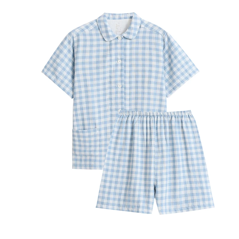 新款夏季良品全棉双层纱家居服睡衣纯棉短袖短裤情侣款家居服睡衣