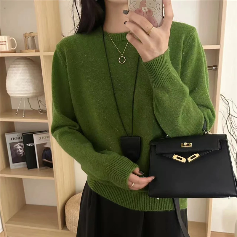 高级感时尚亮丝圆领套头毛衣宽松秋冬百搭显瘦韩版长袖打底针织衫