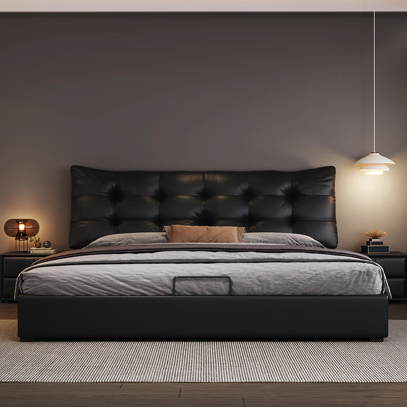 极简意式牛皮床高端大气双人床轻奢黑色卧室大床泡芙软包床婚床