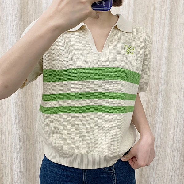 2023夏剪刀领条纹刺绣polo短袖上衣宽松百搭撞色洋气针织衫T恤女
