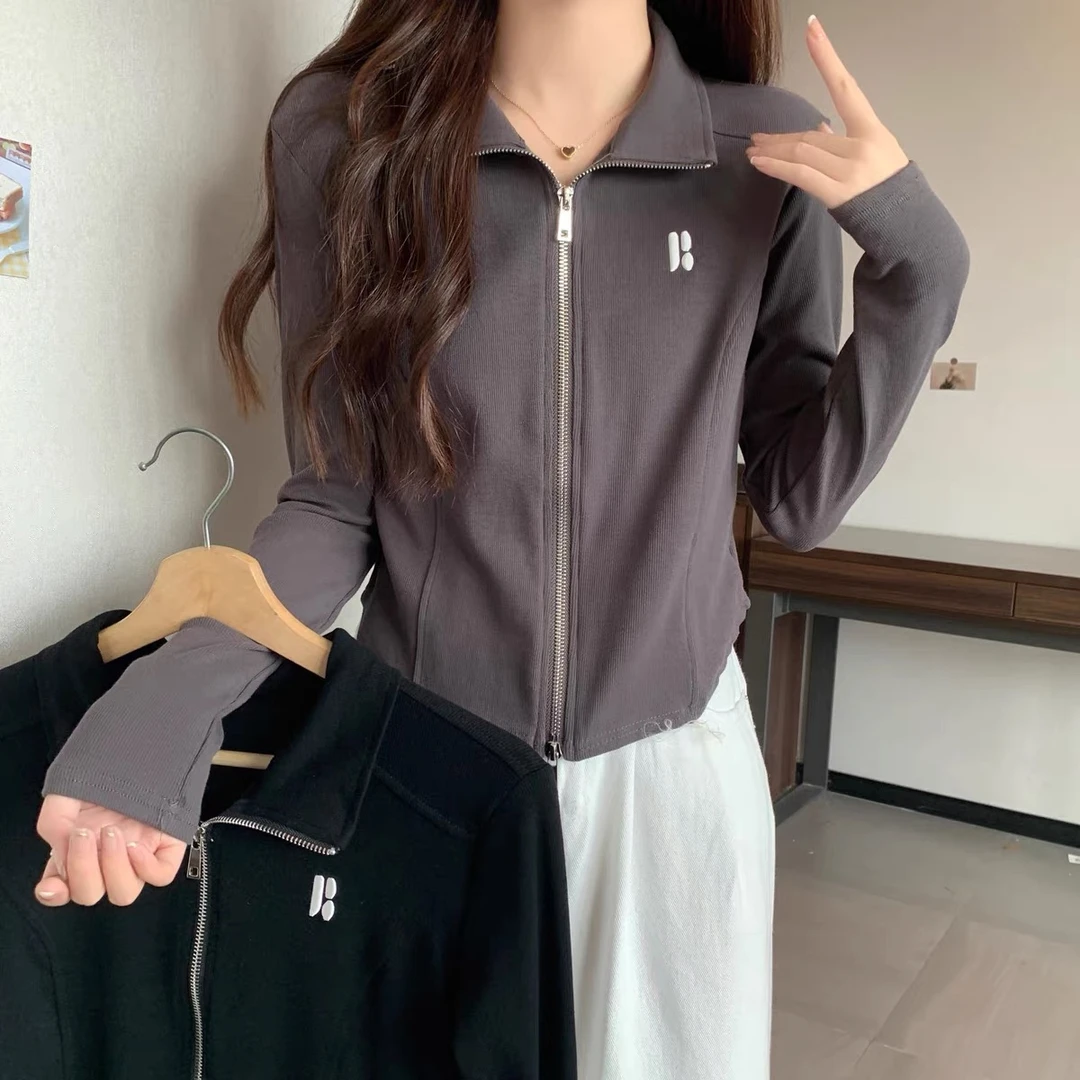 立领薄款刺绣开衫长袖运动外套女秋季百搭时尚修身显瘦拉链短上衣
