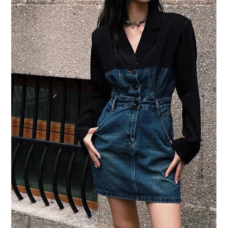西装领拼接牛仔连衣裙女2024春季复古韩版时尚休闲拼色长袖A字裙