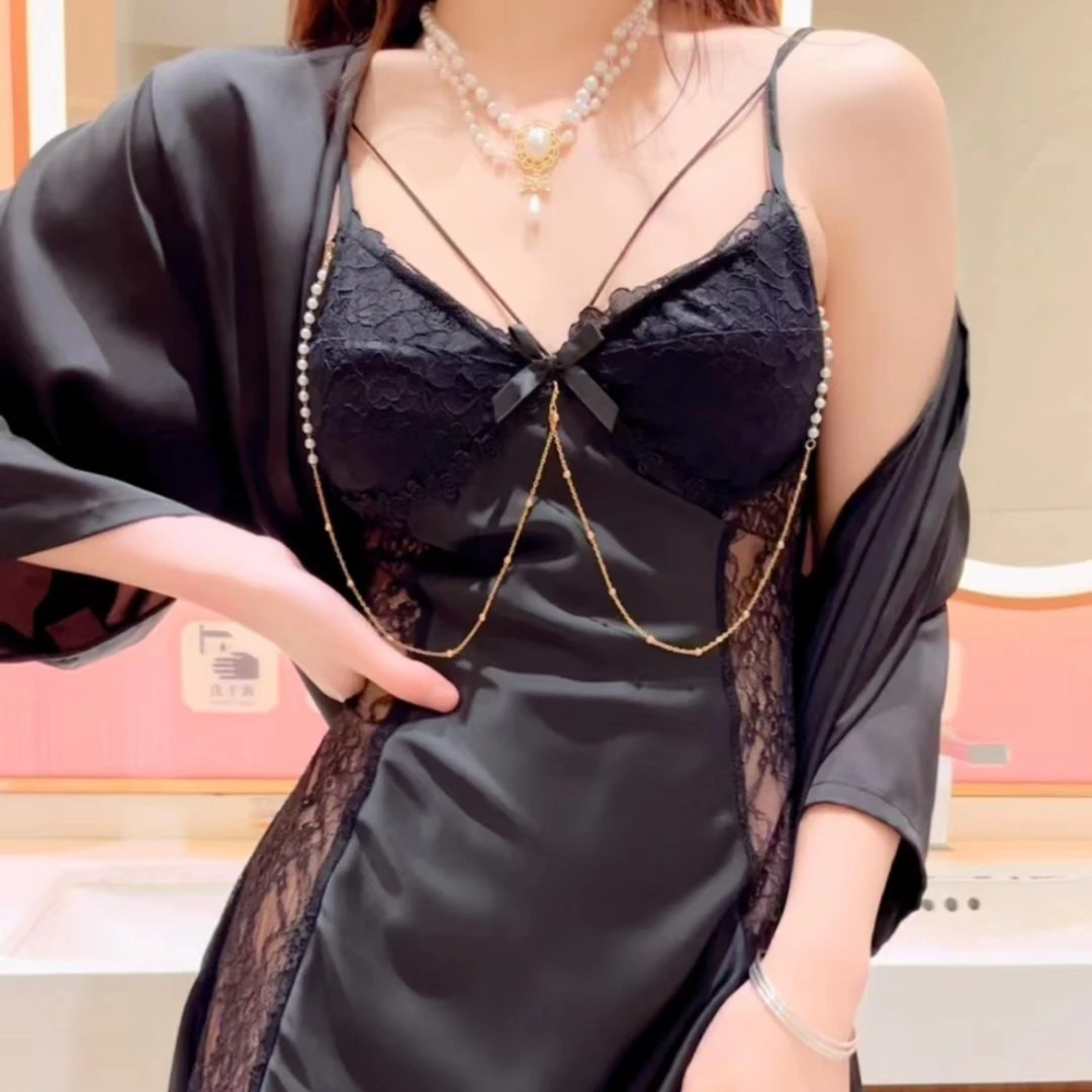2023年夏季新品吊带睡裙带胸垫蕾丝镂空性感美背家居服睡裙女士