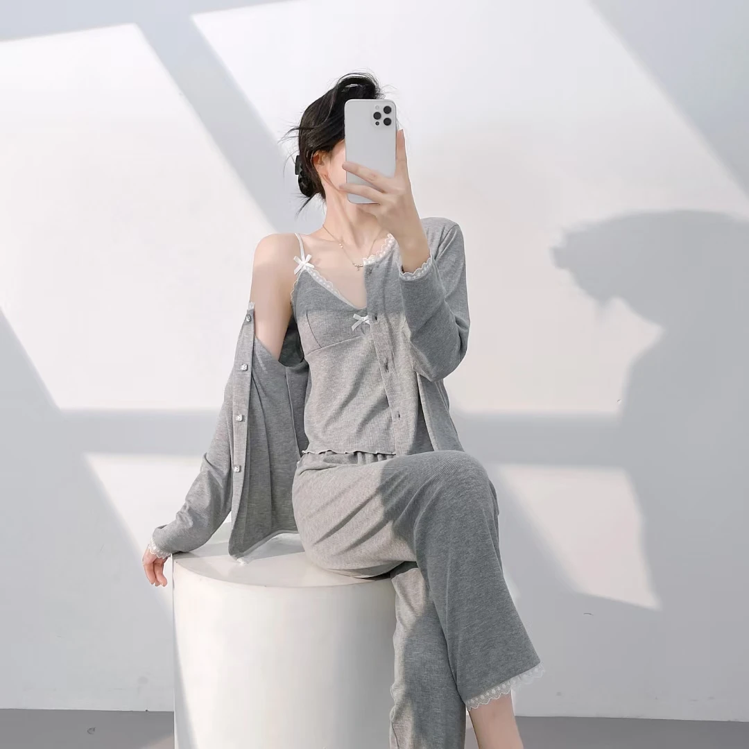 2025年春秋季新品吊带外套＋长裤三件套可外穿休闲宽松舒适睡衣女