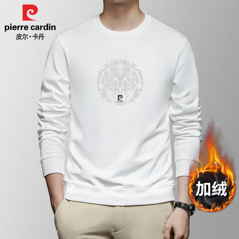 皮尔卡丹男士圆领卫衣加绒加保暖厚冬季休闲套头品牌高端爸爸上衣