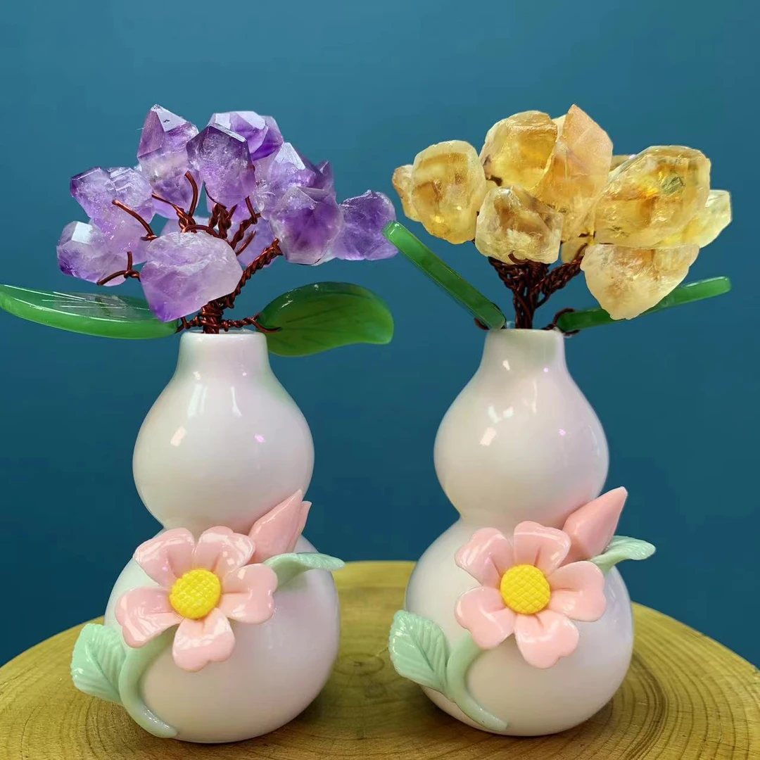 吉祥晶品天然陶瓷招财树摆件黄水晶小葫芦发财树装饰花瓶礼品