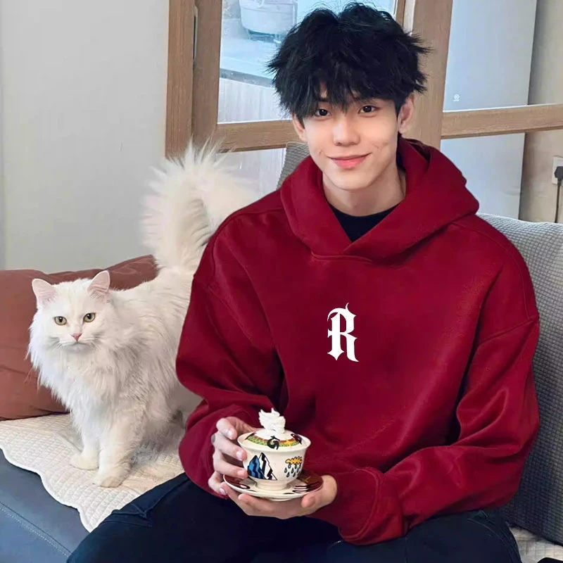 仓石一树潮牌设计感酒红色连帽卫衣男宽松春秋冬季情侣男装上衣服