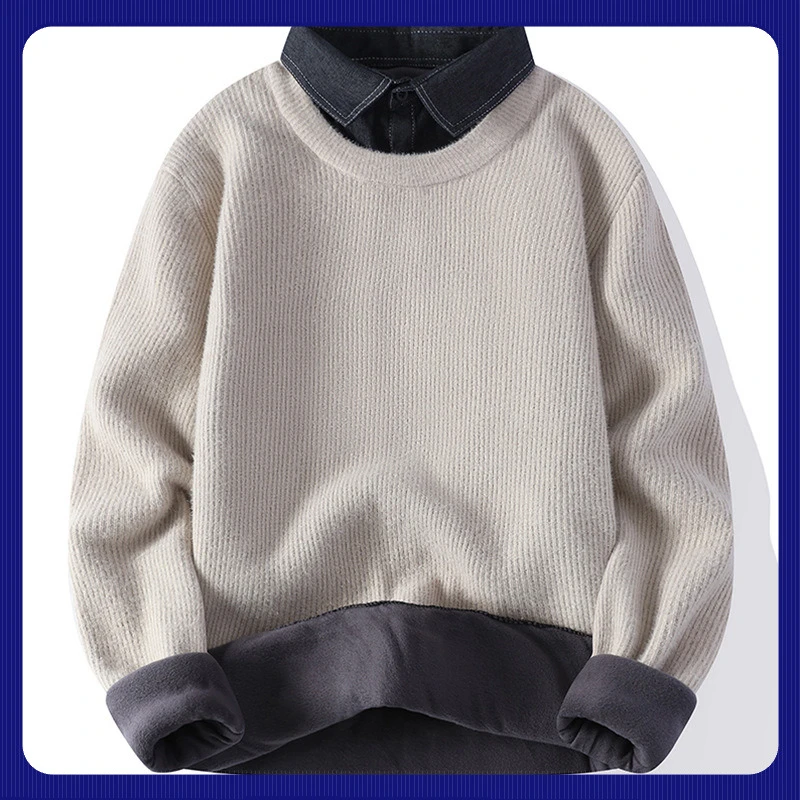 假两件衬衫男毛衣男款冬季长袖加绒加厚秋冬保暖男士针织毛衣休闲