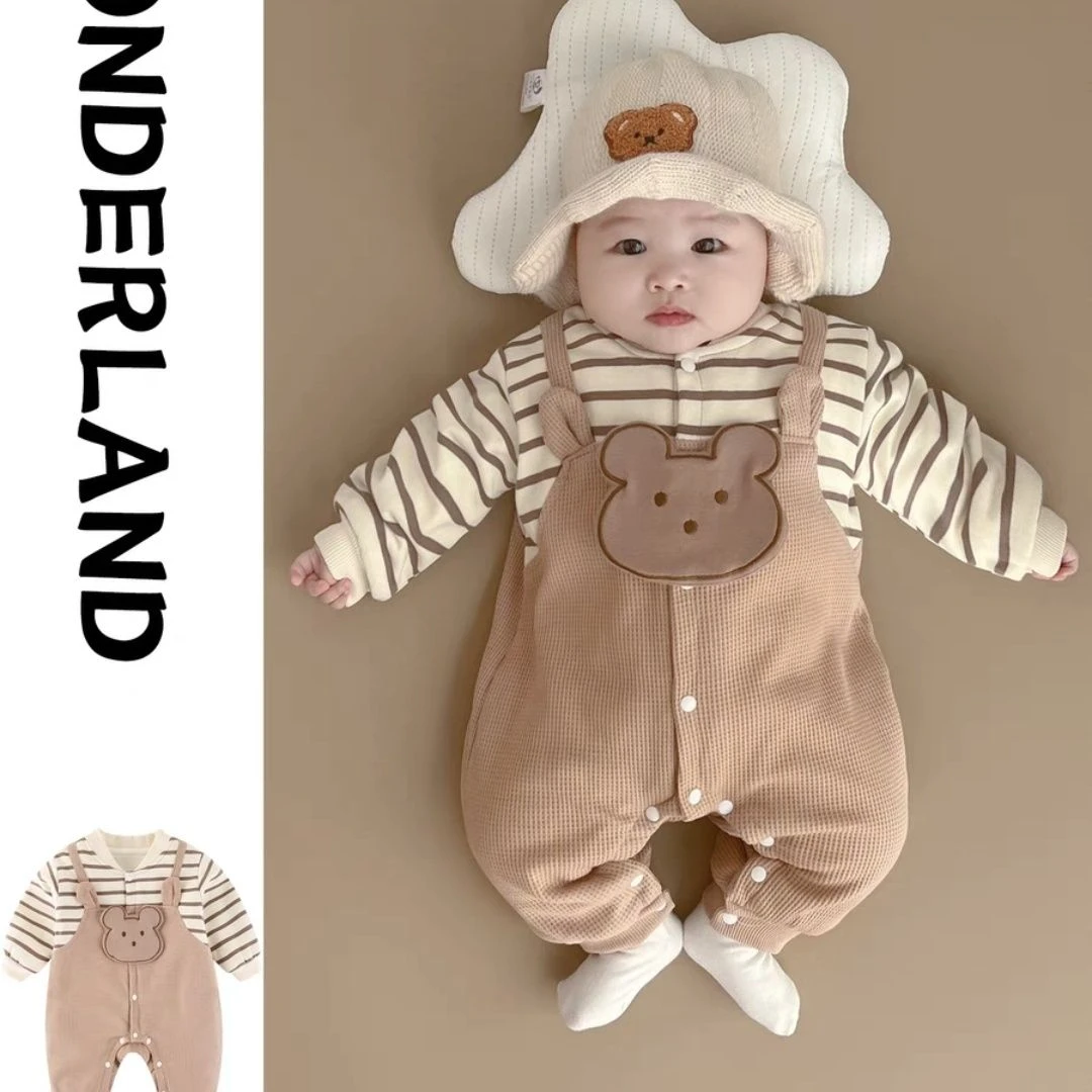 婴儿连体衣春秋加绒男宝宝衣服冬装爬服幼儿假两件外出服