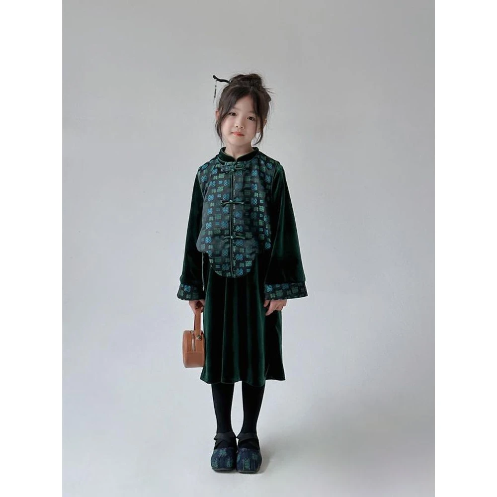 新中式女童汉服套装2023秋季儿童国风提花旗袍马甲大童丝