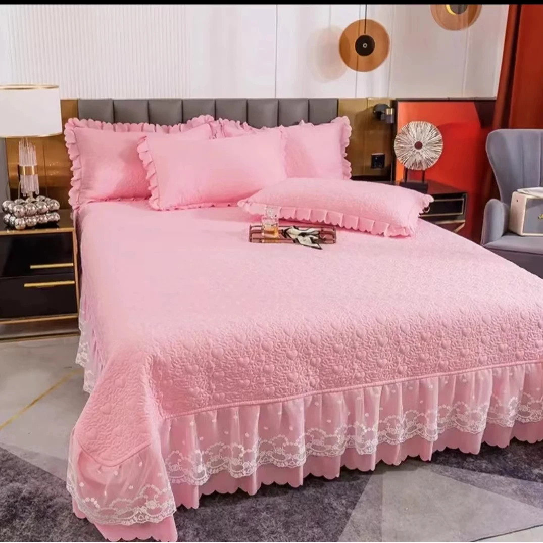 泡泡棉大花边床盖《公主粉》四季纯色不滑床1021