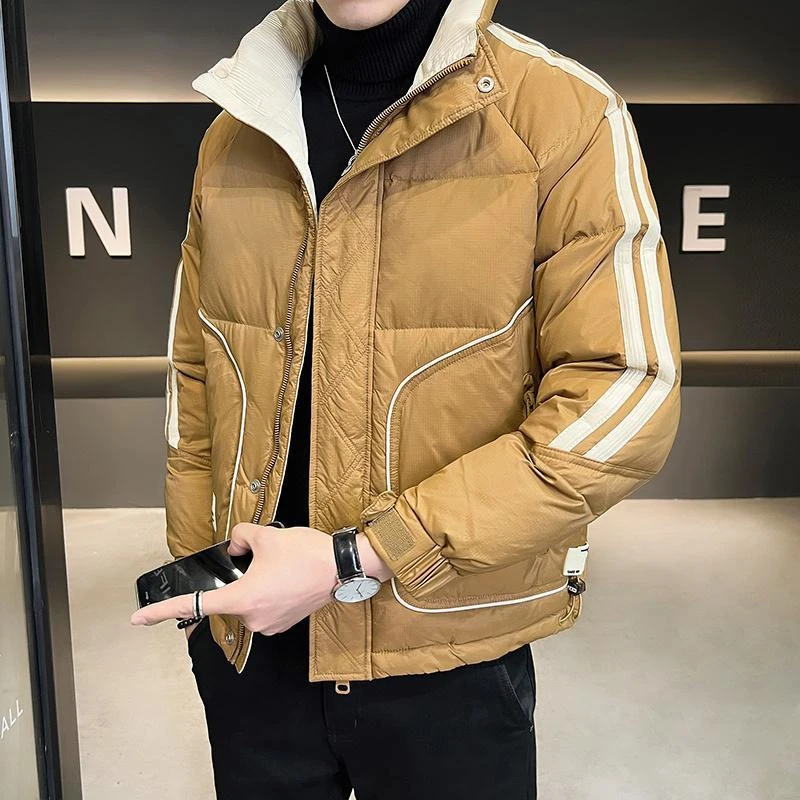 波司澄羽绒服侧边双杠条纹白鸭绒羽绒服2023冬季男士百搭立领保暖