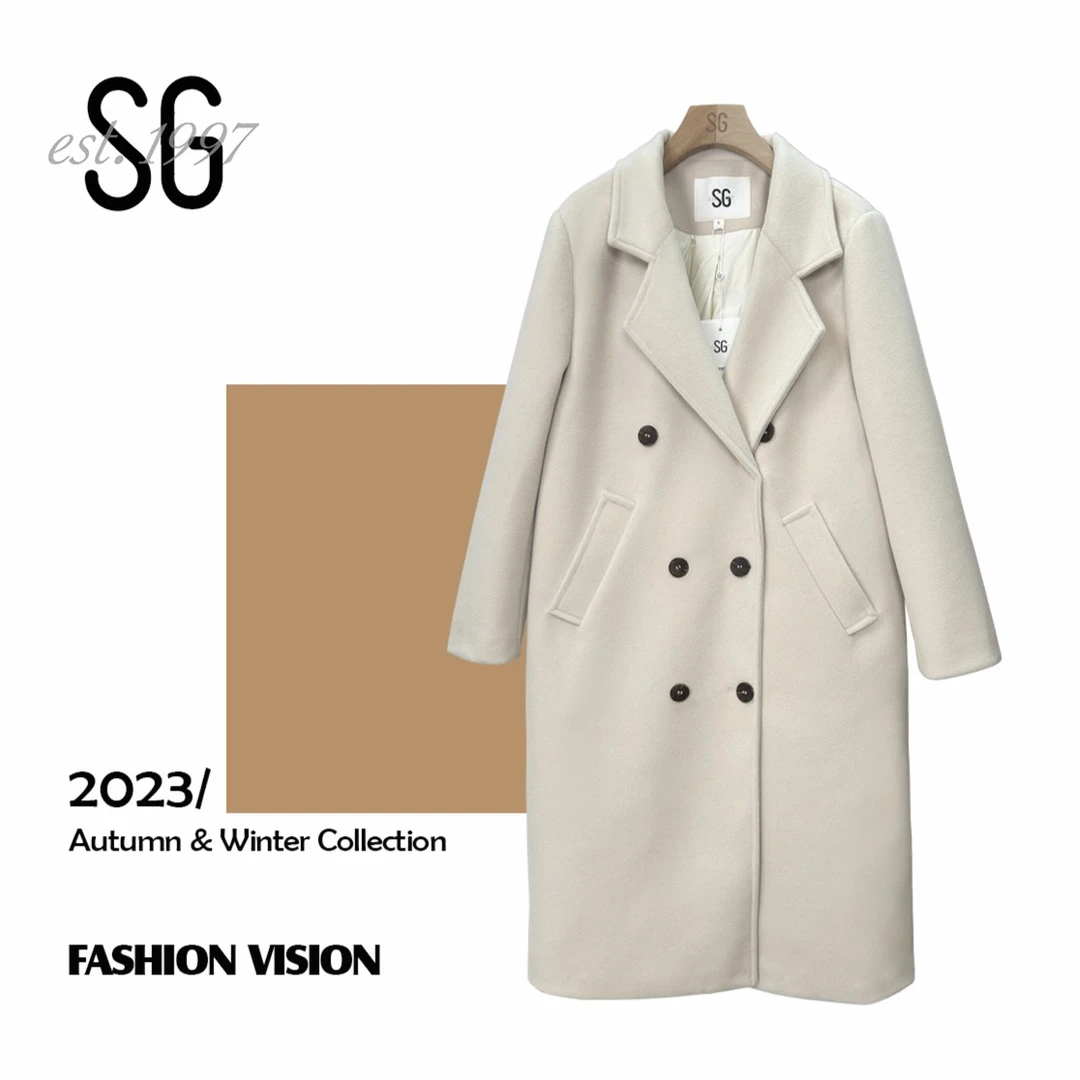 SG长款保暖羽绒服大衣冬季90白鸭绒呢大衣美拉德气质时尚双排扣