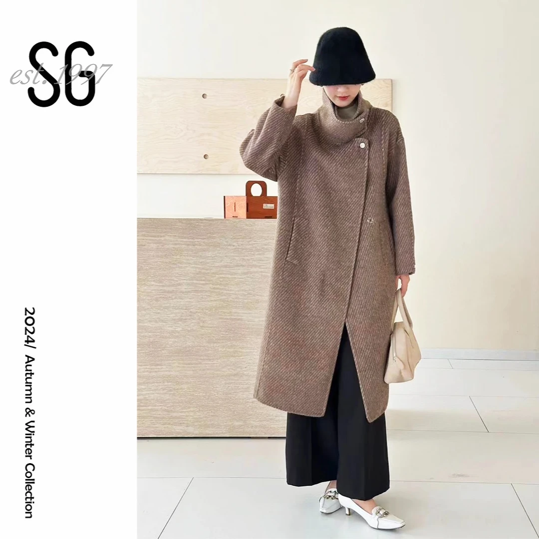 SG【圣格瑞拉】长款立领斜纹保暖双面呢大衣经典中长款秋冬女外套01