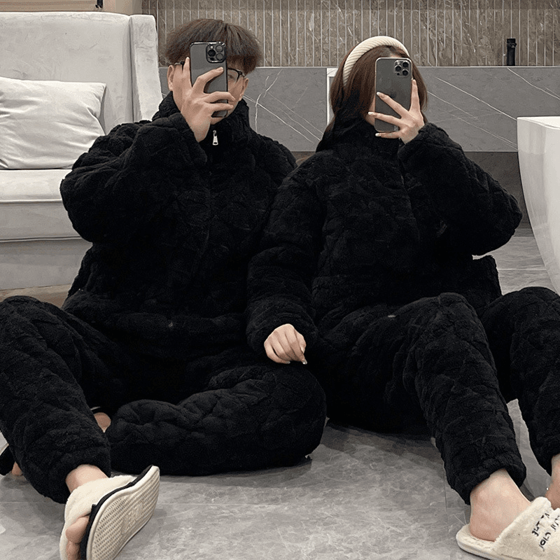 情侣冬季珊瑚绒拉链款睡衣男女款加大码保暖加厚三层夹棉袄家居服