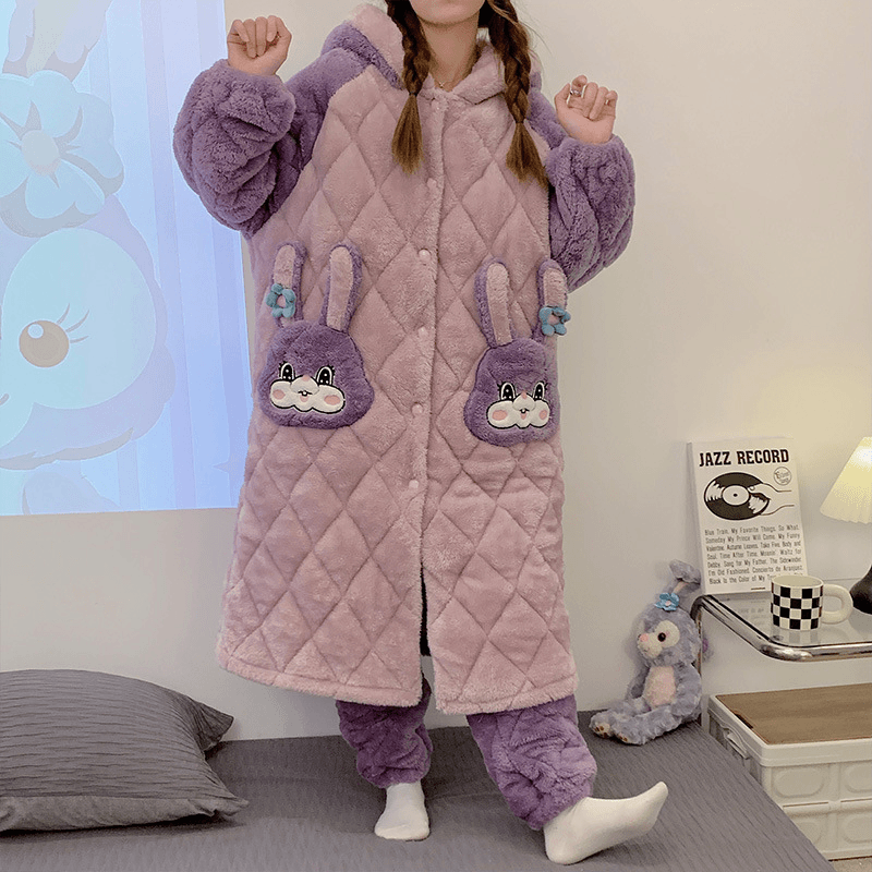冬季珊瑚绒袍套夹棉裤三层夹棉袄加绒加厚冬款可爱睡衣家居服套装
