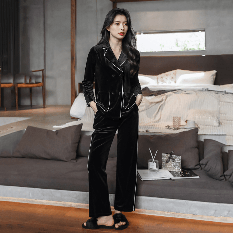 金丝绒睡衣女士秋冬季高级双排扣长袖开衫套装网红大码气质家居服
