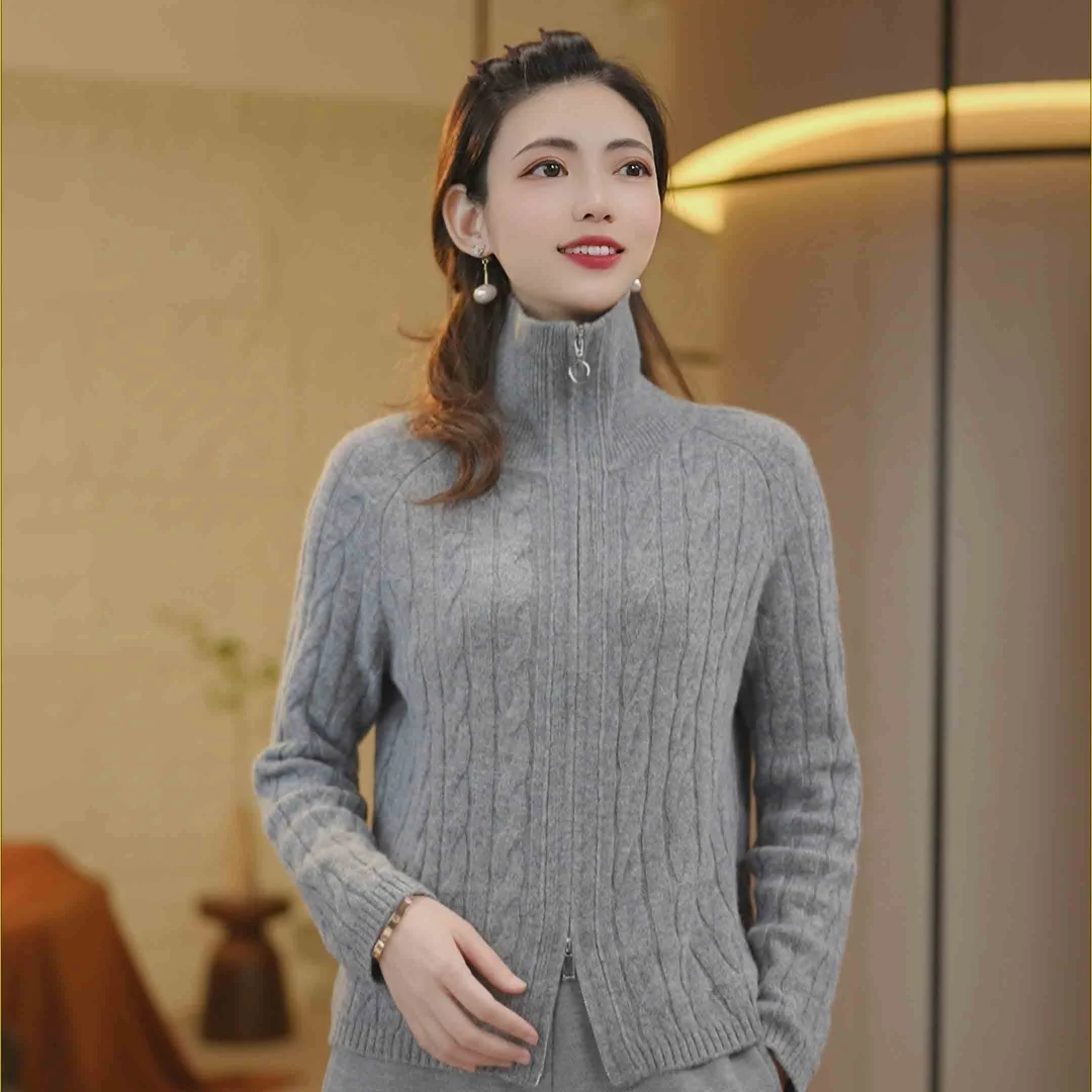 【重磅加厚100绵羊毛】冬季新款时尚百搭气质拉链翻领针织衫8968
