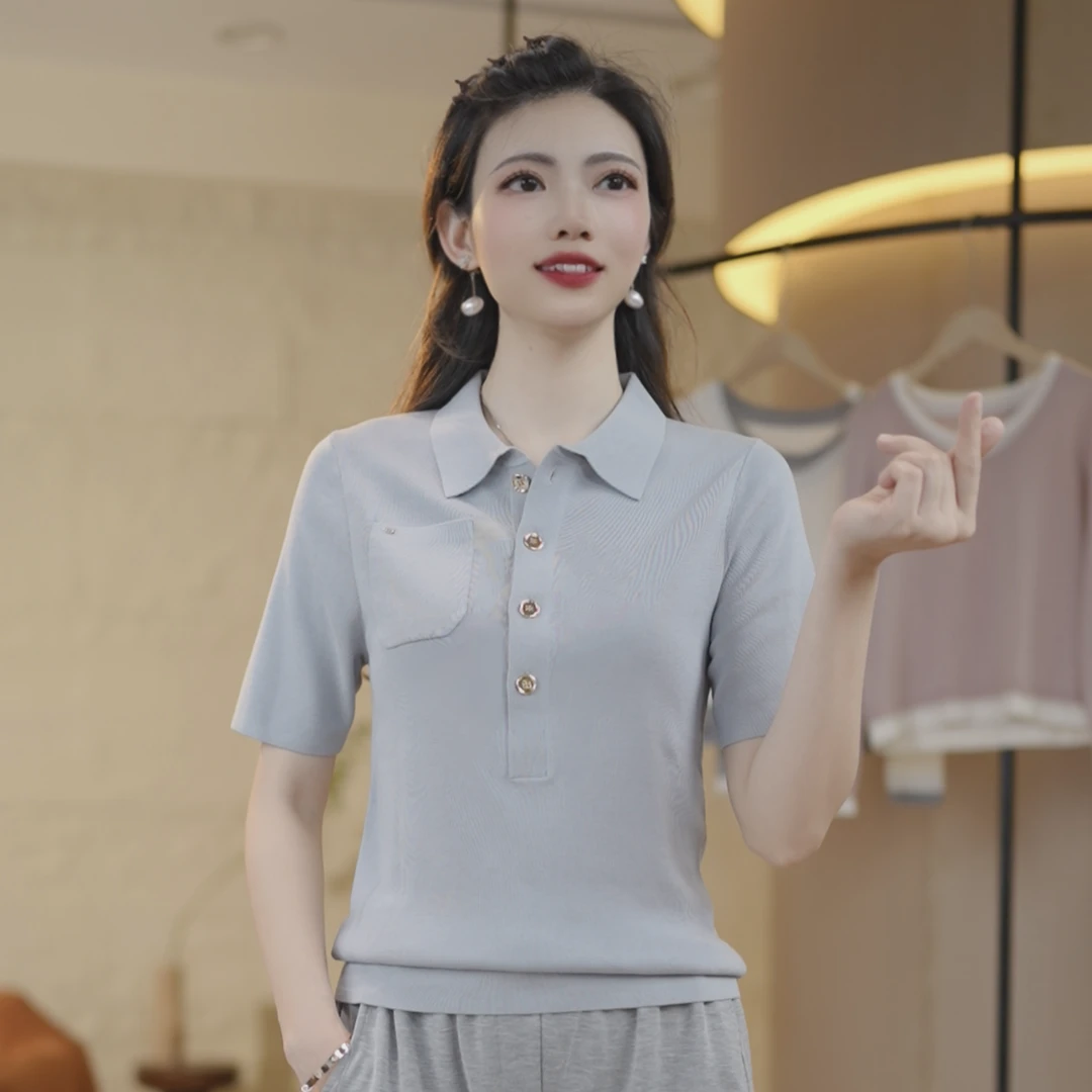 （天丝+含桑蚕丝）2025夏装新款显瘦气质时尚休闲百搭方领上衣5766