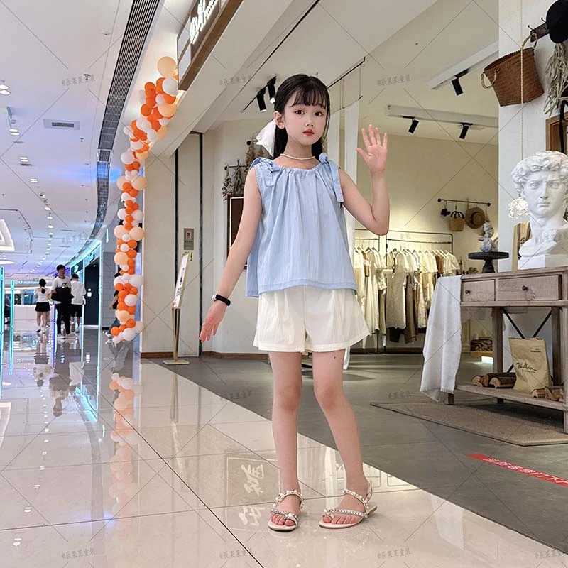 2025夏季女童中大童潮流无袖纯色流行时尚百搭甜美洋气套装夏款