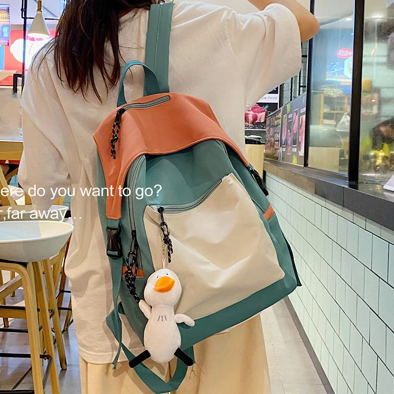 撞色双肩包女夏2022新款潮大容量书包女大学生日系原宿风旅行背包