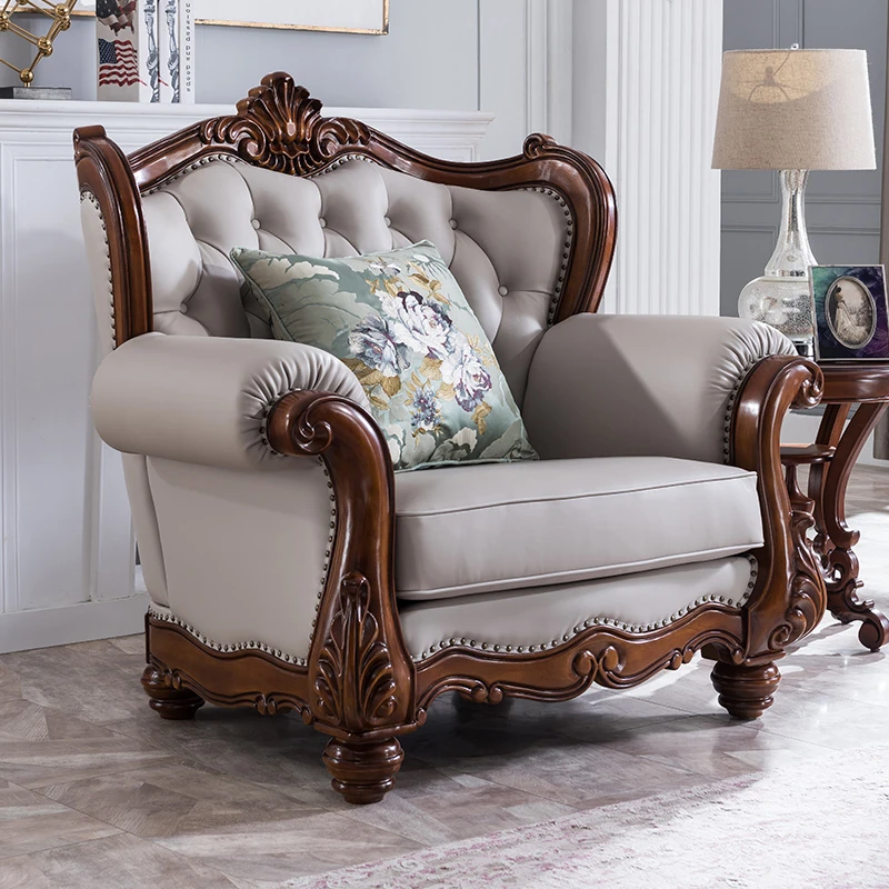 南哥家具美式实木真皮沙发客厅轻奢欧式皮艺别墅雕刻头层牛皮