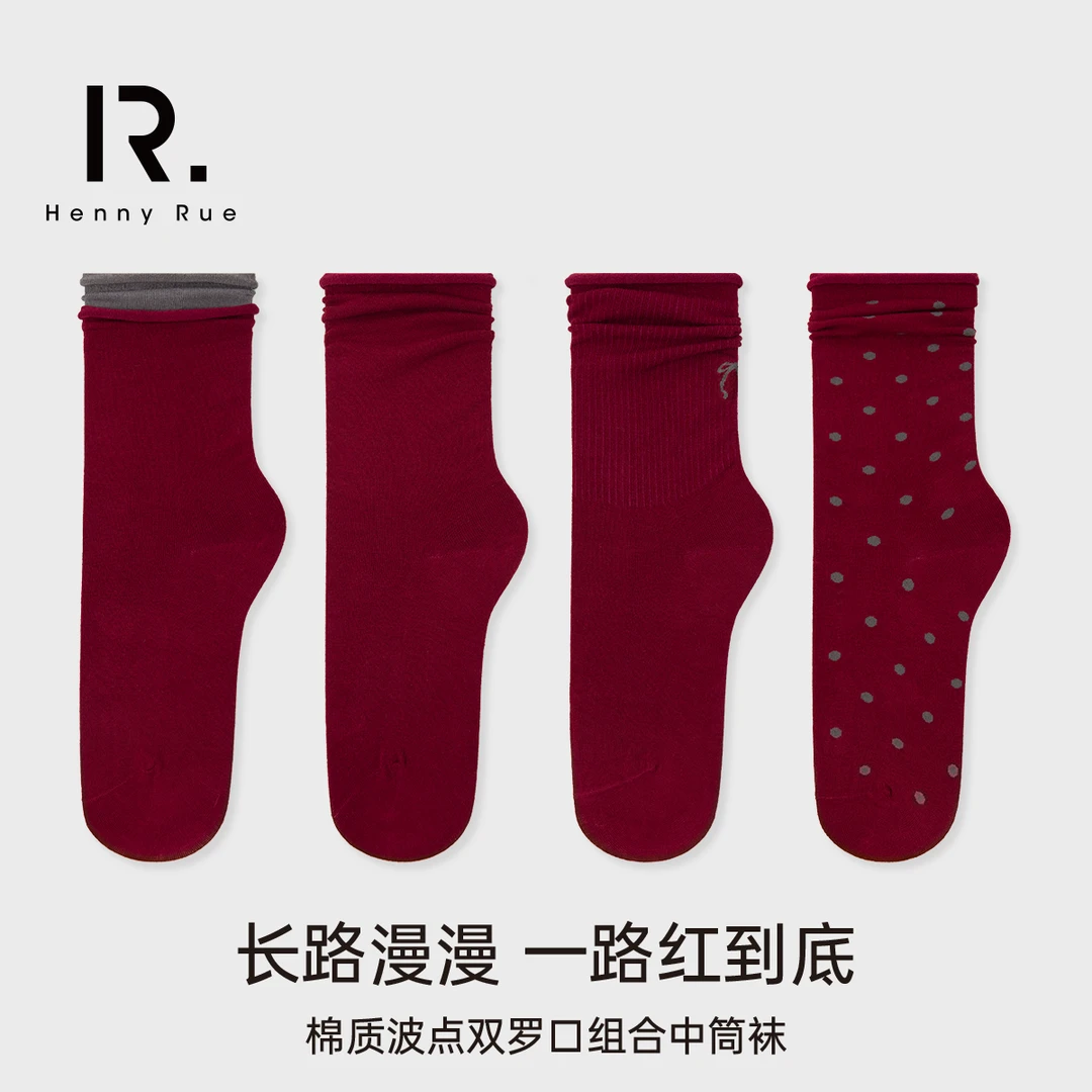 HennyRue安可拉红波点蝴蝶结双螺口中筒袜24177