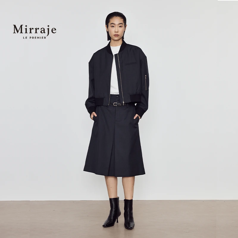 Mirraje24新款法式立领休闲廓形皱感夹克外套+羊毛混纺H型半身裙