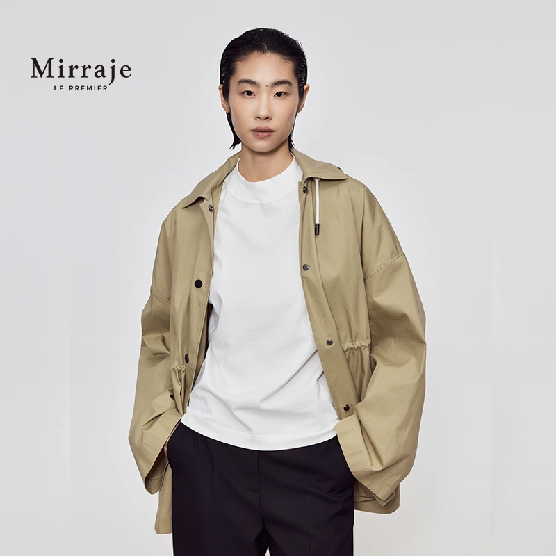 Mirraje24款卡其色连帽抽绳收腰派克大衣外套时尚连帽外套女