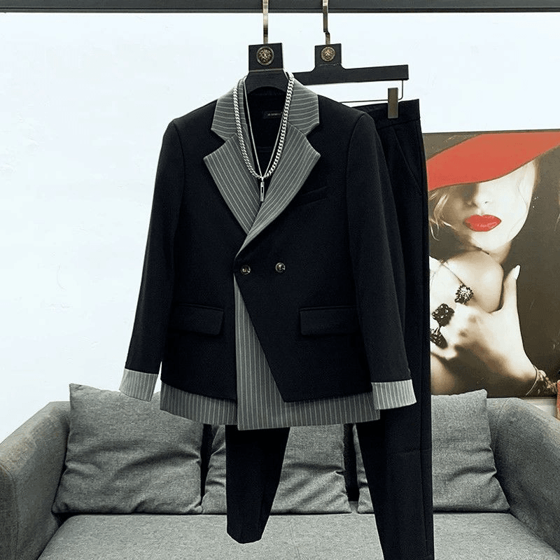 西装外套春秋季个性男士痞帅假两件时尚英伦风新款潮男穿搭小西服