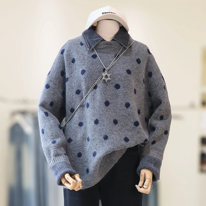 【福利】大码胖妹妹牛仔拼接POLO领毛衣女冬假两件波点上衣/24615