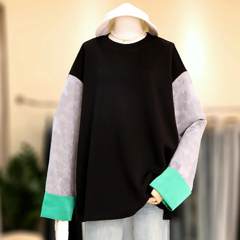 【福利】大码女装撞色拼接圆领卫衣女春新款宽松胖mm上衣/24116