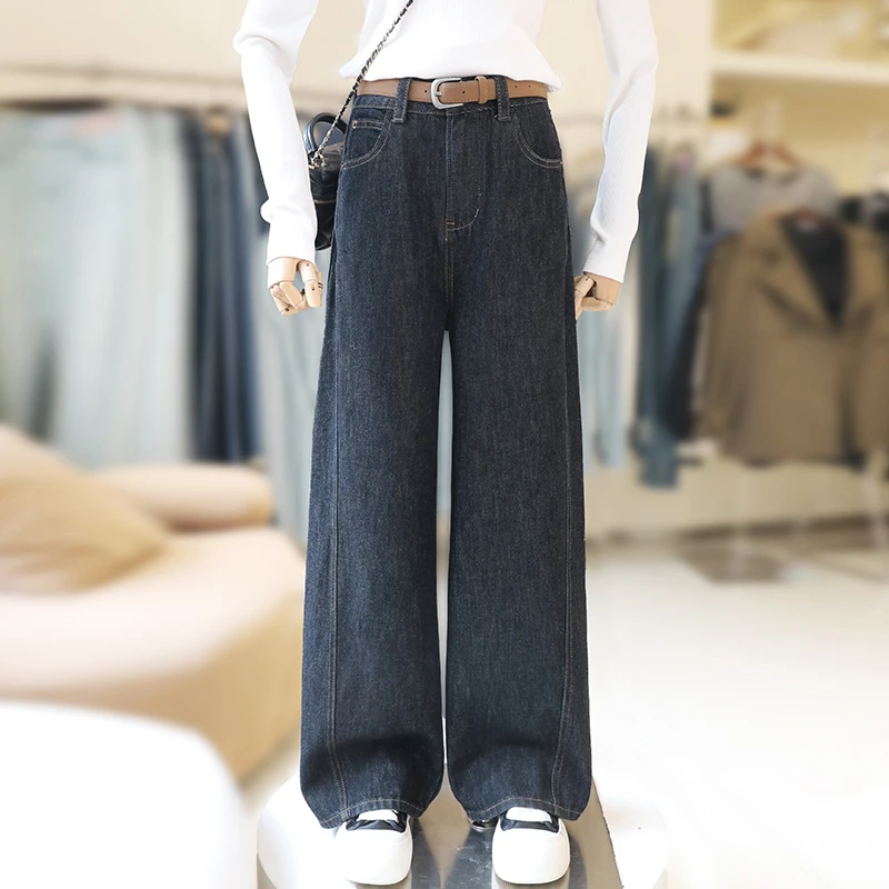 zaw大码女装直筒宽松牛仔裤加绒胖妹妹显瘦百搭裤子带腰带/24529