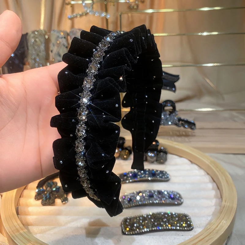 爆款丝绒黑色满钻漫天星辰发箍高级感褶皱发卡女气质丝绒发箍女