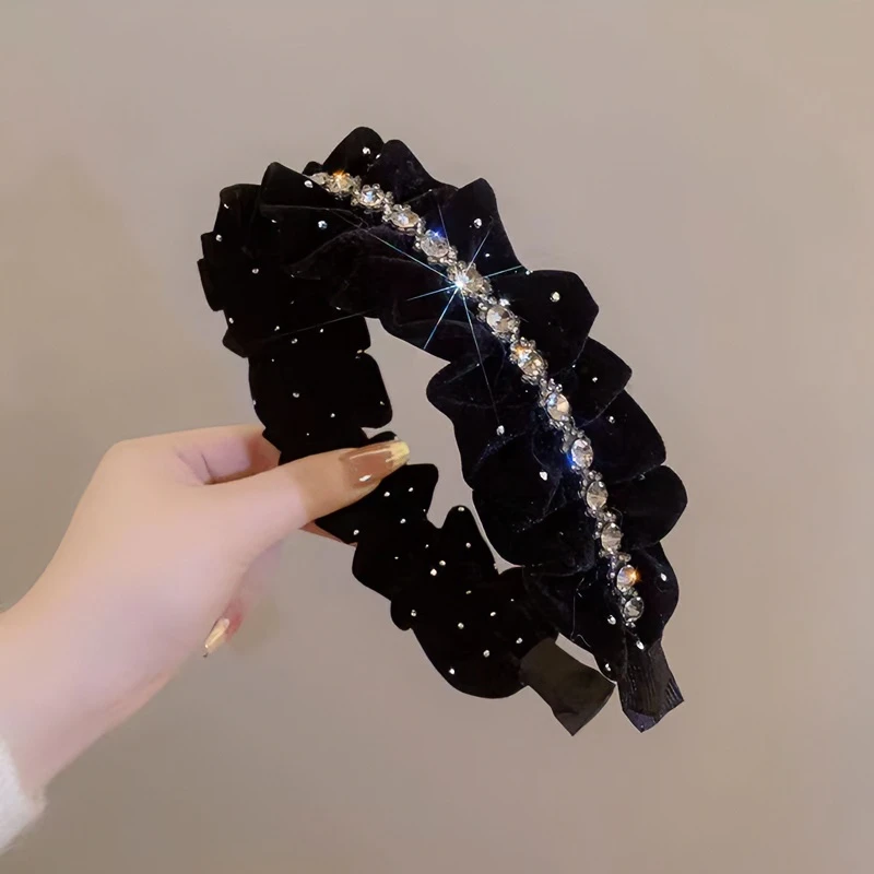 高定满钻轻奢百搭黑色复古满天星发箍秋冬新款丝绒优雅网红发箍