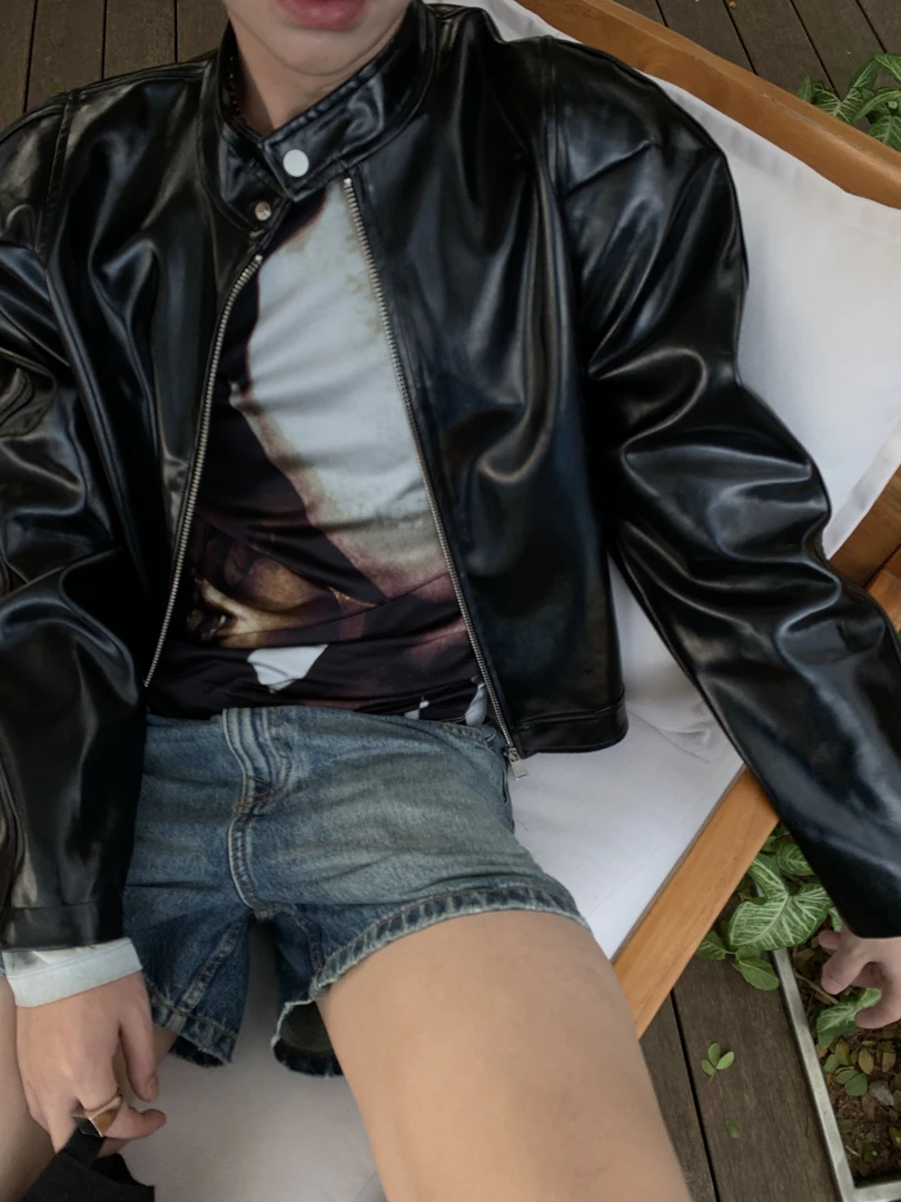 ESC MAN STUDIO/自制 镭射皮质特别垫肩小立领皮夹克短款百搭