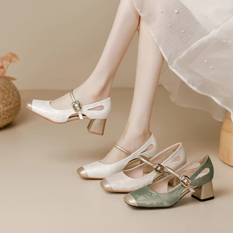 【林下风致】真皮透气镂空粗跟鞋女凉鞋夏季百搭一字带国风玛丽珍鞋