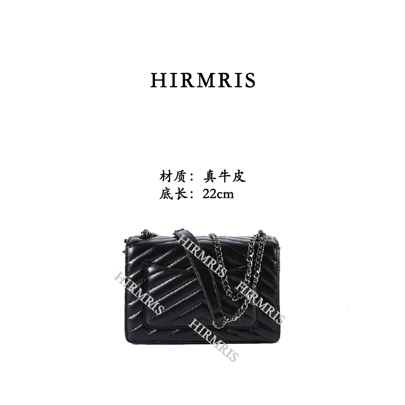 HIRMRIS手工真皮包YX282 v纹外口袋链条阳黑