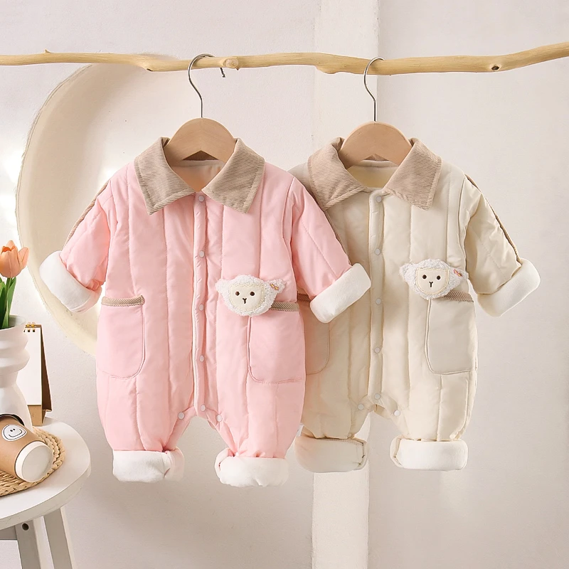 包条方翻领厚棉连体男女宝宝儿童婴儿幼儿新生儿加绒加厚保暖冬款