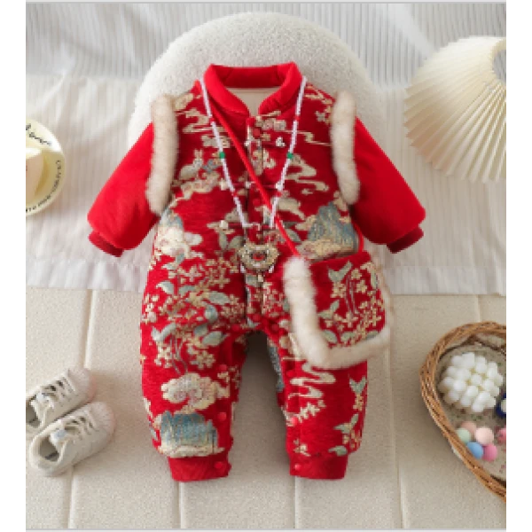 婴幼儿宝宝外出服冬季拜年服加厚国风喜庆哈衣祥云贺穗拼色连体衣