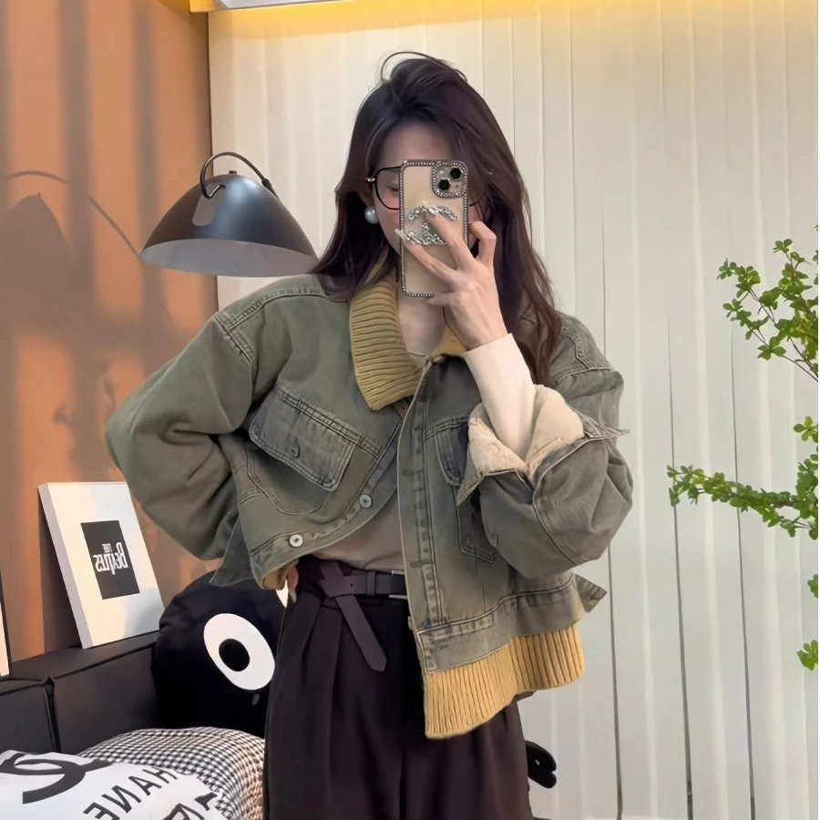 美式复古水洗牛仔拼接针织假两件短外套女秋冬季新款加绒气质夹克