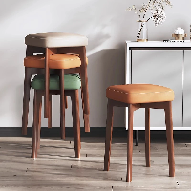 高档商用实木腿家用可叠放软包方凳客厅餐凳现代简约板凳餐桌凳子