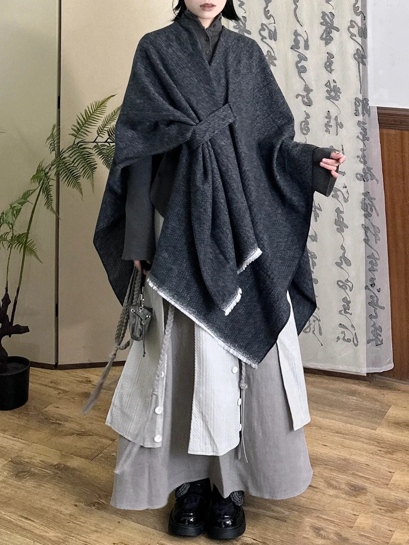 现货纯色时尚针织披肩欧美外贸素色加杠开叉斗篷外搭秋冬保暖围巾