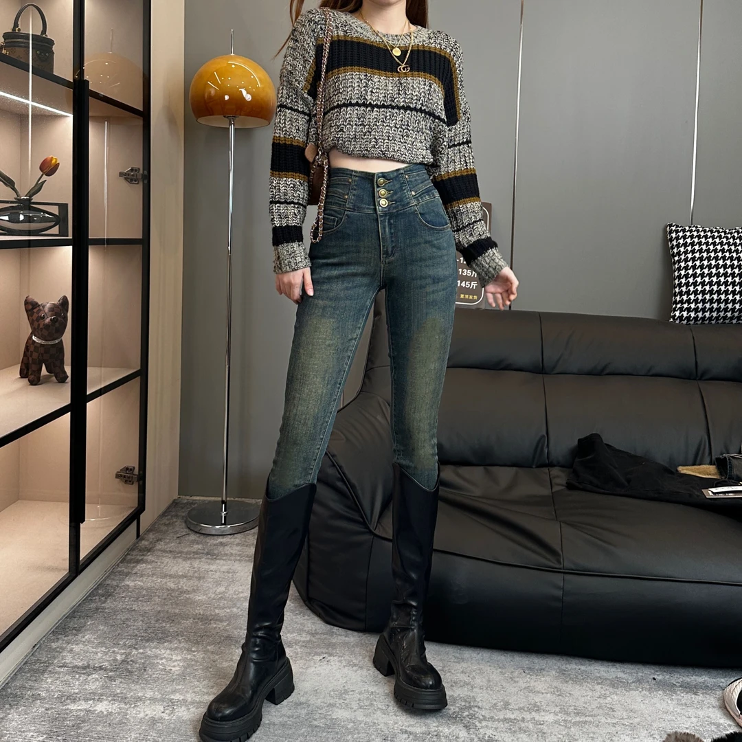 水泥灰牛仔裤女2024秋季新款美拉德风百搭高腰显瘦弹力韩版小脚裤