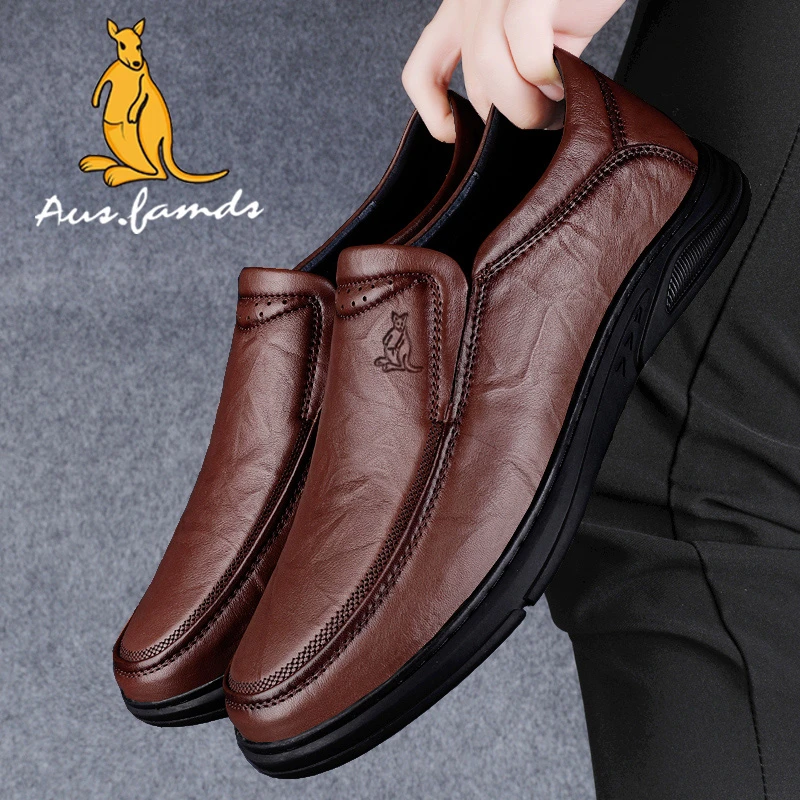 澳洲名袋鼠真皮休闲男皮鞋中老年软底透气秋季商务男士爸爸鞋棕色