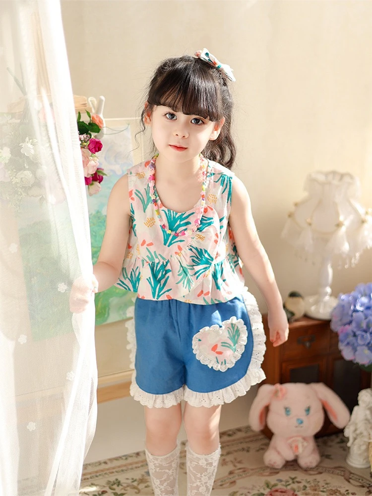 新款女宝宝背心短裤两件套夏季清新可爱童装无袖衬衫裤子套装