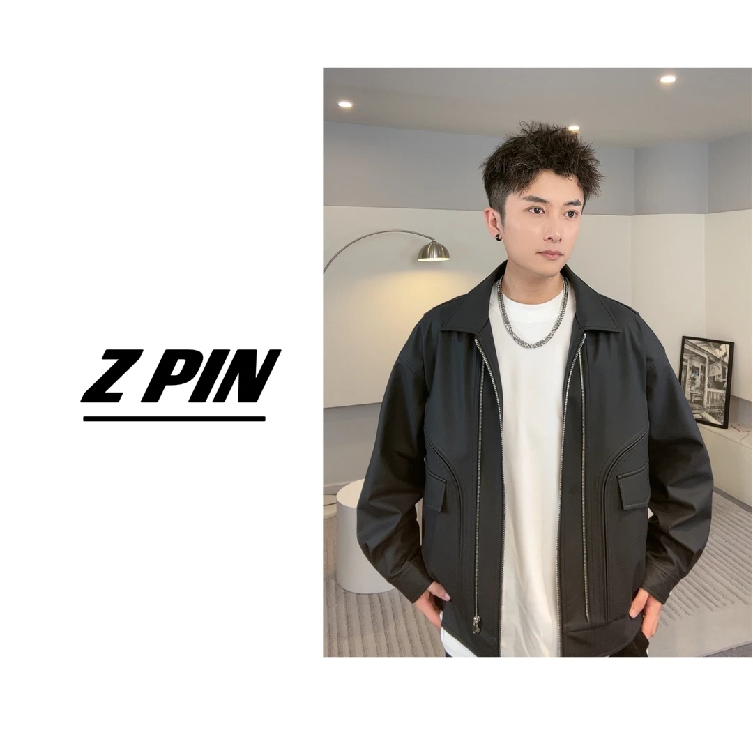 （臻品）2024春秋宽松时尚潮流百搭休闲设计师翻领夹克外套J-511